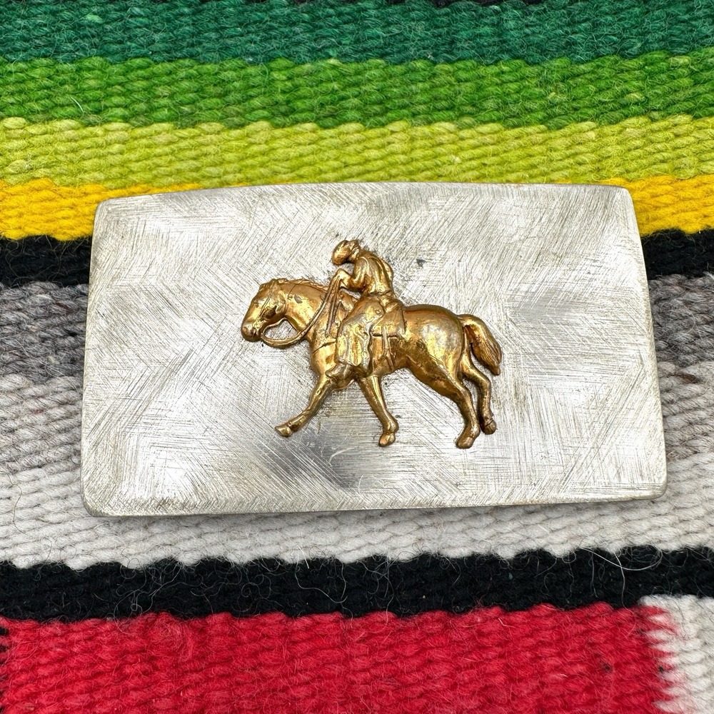 VTG Nickel Silver Brushed Belt Buckle Gold Cowboy Tone Horse Rider Western